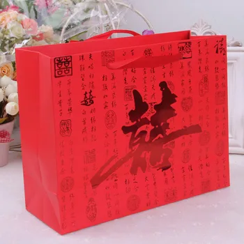 100pcs/masse Kinesiske Traditionelle Røde Dobbelt Lykke Bryllup Gave Papir Taske Med Håndtag Pakke Slik Poser 25*9.4*19cm ZA4032