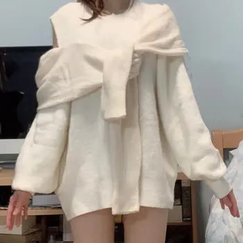 2021 Japan Style Efterår Mode Søde Trøjer Sexet Skulderen, Stropløs Strikket Toppe Puff Ærmer Falske To-Delt Pullover