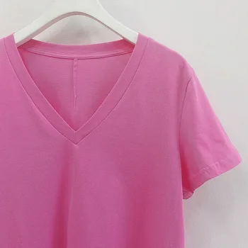 2021 Nye Sommer Mode Kvindelige T-shirt V-Neck Løs af Høj Kvalitet Kvinder Tee Solid Farve Afslappet og Elegant Damer Toppe T806