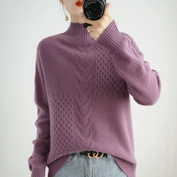 2021 nye style uld damer halvdelen høj hals pullover sweater med lange ærmer ren farve-passer til afslappede cashmere base sweater