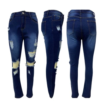 2021new Kvinders koreanske Slim Fit Jeans Mode Solid Farve Revet Hul Kvast Strække Mid-talje Denim Blyant Lange bukser Bukser