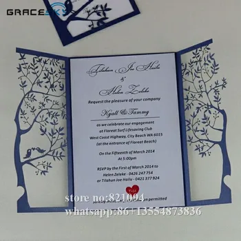 50stk Gratis Fragt Laser Cut Happy Tree Design foldet stil RSVP Gemme Dato Bryllup Invitation Kort med indre Blanke Kort