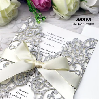 AHAVA Romantisk Laser Cut Blomster Invitation-Kort, der Glitter i Sølv Papir Wedding Invitation-Kort, Bryllup Part Forsyninger