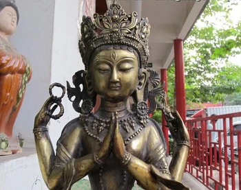 Bi002075 Tibet Folk Templet Bronze Gild Fire hænder Kwan-yin Bodhisattva Buddha Statue