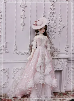 BJD dukke tøj er egnet til 1/3 1/4 størrelse vintage lille kjole, blonder lille kjole sæt (hat + nederdel + halskæde) dukke tilbehør.