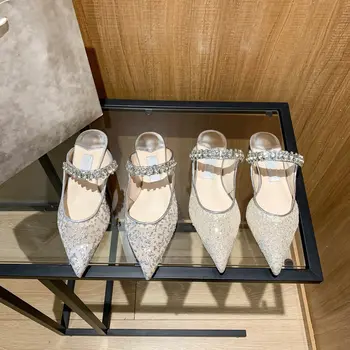 Casual Designer sexet dame kvinders sandaler nude mesh blonde crystal lejligheder Slipper slip på flip-flop dagdriver Slide Prom Aften Sko