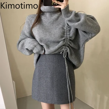 Design Sweater Kvinder Koreanske Smarte Mindretallets Side Snøre Rullekrave Pullover, Efterår Og Vinter Solid Langærmet Strik Toppe