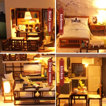 DIY Træ Dukke Hus Kit Miniature Møbler, Lys Sommerhus Kinesiske Loft Casa Dukkehus Legetøj for Børn, Voksne Xmas Gaver