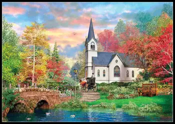 Efterårsfarver Kirke - Tælles på Tværs af Sy-Kits - Håndlavet Håndarbejde, Broderi 14 ct Aida Cross Stitch Sæt Farve Olie maleri