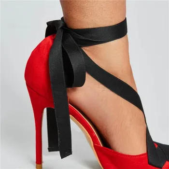 Elegant rød party kjole sko spids tå kvinders høje hæle sort bånd ankel snøre enkelt sko tværs bundet kvindelige stiletto