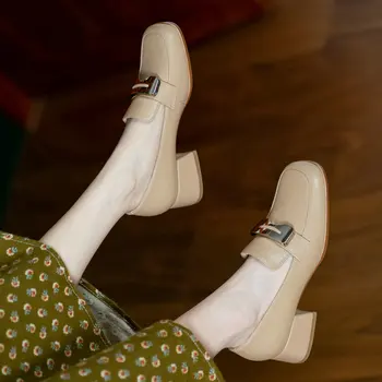 EshtonShero Pumper Kvinder Sko, Loafers Af Ægte Læder Slip På Høje Hæle Casual Firkantet Tå Beige Platform Kvindelige Feetwear