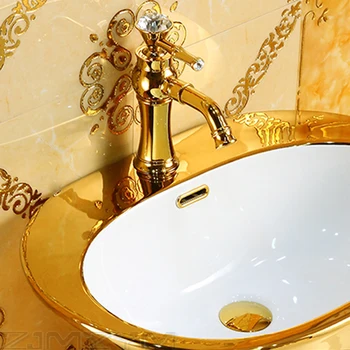 Europæisk Stil luksuriøse Keramiske Piedestal Bassin 825*590mm Integreret Håndvask Hotel Gold Kolonne Håndvask Væg-Type