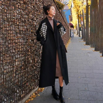 Hepburn Stil Splejsning Uld Frakke Kvinder 2022 Falder Om Vinteren, Varm Overfrakke Løs Bælte Slank Outwear Kvindelige Mode Uldne Jakke