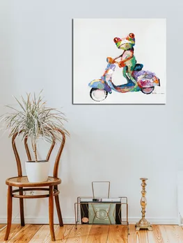 Håndmalet Olie Paintins Moderne Dyr Cykling Frog Abstrakte Væg Kunst Til Væggen Billeder Unframe Julegave