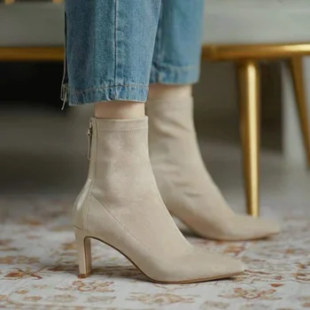Høj Hæl Støvler til Kvinder 2021 Ny koreansk Stil Efteråret og Vinteren Mid-Heel Strækning Tynde Støvler Spids Tå Sok Støvler Kvinder