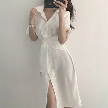 Koreanere sexet split elegante revers binde taljen knælang kort-langærmet shirt kjole kvinder