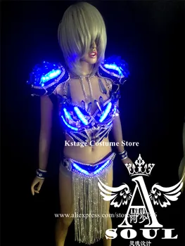 KS25 Part ballroom dans led kostumer lysende blå bh, bikini lysende krystal outfits model bærer kjole dj led bodysuit rave