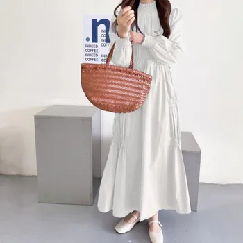 Kvindernes Påklædning Japan, koreanske Rund Hals Uregelmæssige Fold Taljen Slank Elegant Blid Kjole Efterår Forår Damer Nye 2022 Mode
