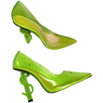 Kvinders Mode Gennemsigtig Grøn PVC-Spids Tå Pumper Mærkelige Hæle Størrelse På 4,5-9 Sko M29