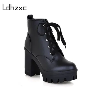 LDHZXC 2020 Nye Mode sexy høje hæle ankel støvler kvinder lace up Punk platform Kvinder efterår og vinter sne støvler damer sko