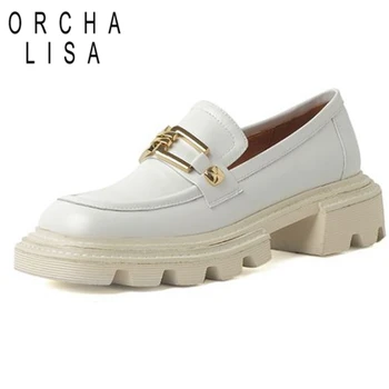 ORCHALISA Mode Lady Pumper Shoes de tacón Cool Firkantet Tå Blok Heels i Ægte Læder-Slip-on Metal Dekoration Foråret S2775