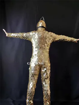 Q09 Part cosplay scene dans kostume guld spejl mænd udstyr dj performance bærer spejl iklæde mandlige buksedragt guld maske disco