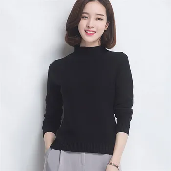Ren uld strik kvinder sød halvdelen høje slanke hals pullover sweater helfarve M-XL engros-retail