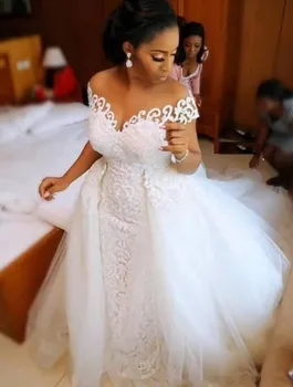 Sexet Afrikanske Nigerianske Havfrue Brudekjole 2021 Med Aftagelig Tog Lace Applique Ren Og Skær Ned Af Skulderen Vestido De Noiva