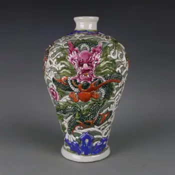Sjældne QingDynasty porcelæn vase,Wienerbrød glasur,Udskåret drage,håndmalede håndværk,Dekoration,Indsamling og Pynt