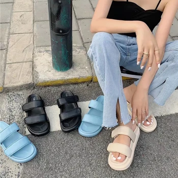 Sommer Klip-Klappere Kvinder Fladskærms-platform, tøfler Stranden Casual Mode Velcro Damer sko sandalias