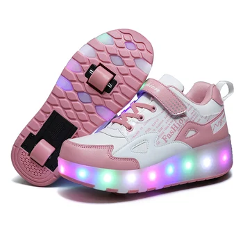 USB-Opladning Børn Drenge Sko med To Hjul Børn Sko Glødende Sneakers Led-Lys op Kids Sko Til Dreng Pige Skinnende Sko