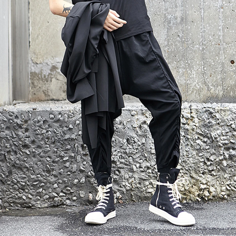 Mænd Bånd Mørk Sort Bred Ben Bukser Japan Punk, Gothic Harem Med Elastik Plisserede Streetwear Løs Oversize Bukser - Mænds tøj ~ Kinagrillvejle.dk